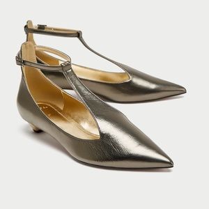 Zara T-Strap Metallic Leather Ballerinas 10 / 41